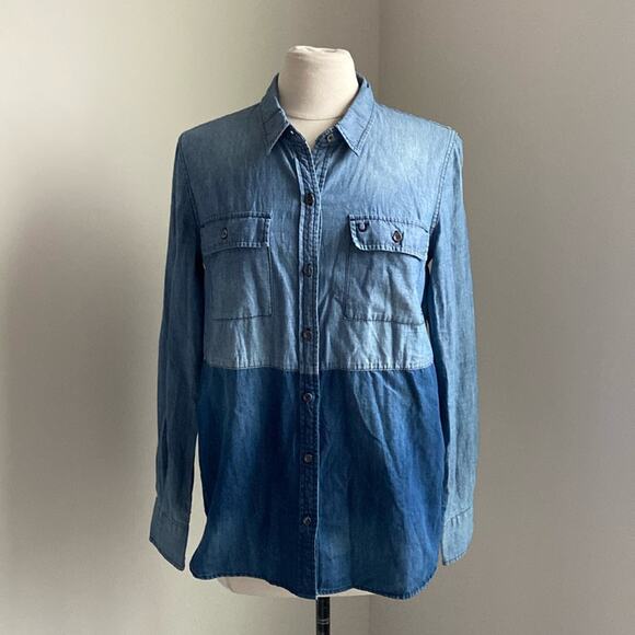 TRUE RELIGION Linen Blend Chambray Utility Shirt Womens Sz Medium Button Down - Picture 1 of 8